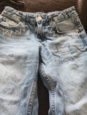 Zara Light Blue Straight Leg Jeans with Star Embroidery